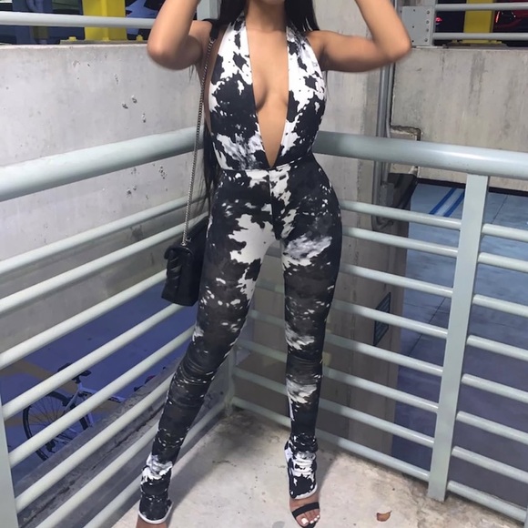Cow /Tie Die Print Halter Jumpsuit - Picture 1 of 3